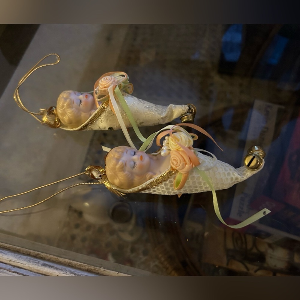 Vintage Pair Porcelain Baby Child Christmas Ornaments Taiwan angel